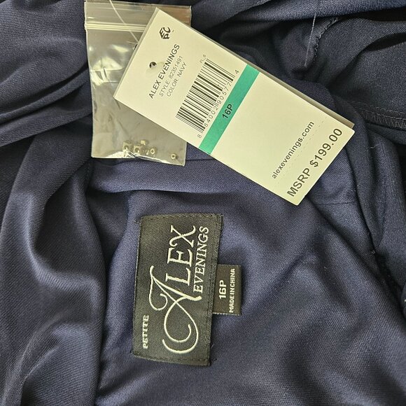 Alex Evenings Navy Blue Beaded Ruched Gown Size 16P Elegant Evening Maxi Dress - Picture 13 of 15